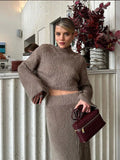 GETADME Autumn Women Elegant Mohair High Waist Midi Skirt Set Fashion Mock Neck Long Sleeve Cropped Sweater Suit Casual Lady Chic Outfit