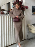 GETADME Autumn Women Elegant Mohair High Waist Midi Skirt Set Fashion Mock Neck Long Sleeve Cropped Sweater Suit Casual Lady Chic Outfit