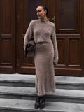 GETADME Autumn Women Elegant Mohair High Waist Midi Skirt Set Fashion Mock Neck Long Sleeve Cropped Sweater Suit Casual Lady Chic Outfit