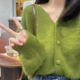 GETADME Avocado Green V-neck Cardigan Sweater for Women's Spring Autumn Solid Color Lazy Style Retro Knitted Sweater Jacket for Women