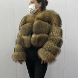 Getadme  Real Raccoon Fur Coat Women Winter Long Sleeve Natural Luxury Jackets  Thick  Top