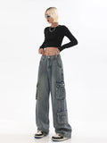 Getadme Blue Cargo Pants Women Casual Hippie Denim Trousers Baggy Low Waist Mom Jeans Women Vintage Y2k 90s Grunge Streetwear Tide