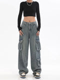 Getadme Blue Cargo Pants Women Casual Hippie Denim Trousers Baggy Low Waist Mom Jeans Women Vintage Y2k 90s Grunge Streetwear Tide