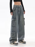 Getadme Blue Cargo Pants Women Casual Hippie Denim Trousers Baggy Low Waist Mom Jeans Women Vintage Y2k 90s Grunge Streetwear Tide