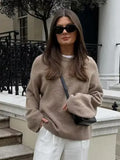 GETADME Brown Casual Round Neck Knitted Pullover Women Fashion Long Sleeve Loose Short Sweater 2024 Autumn New Lady Street Knit Tops