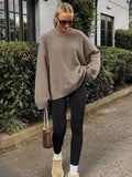 GETADME Brown Casual Round Neck Knitted Pullover Women Fashion Long Sleeve Loose Short Sweater 2024 Autumn New Lady Street Knit Tops