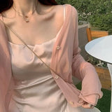 GETADME Cardigan Women Long Sleeve Crop Tops Solid Summer Thin Sun-proof Loose Outwear V-neck Knitted Korean Style Girls Elegant Lovely