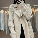 Getadme Casual Knitted Cardigan Oversize Single Breasted Sweaters Korean Woman Knitwear Tops Thick Coat Elegant Suit Collar Sweater Coat