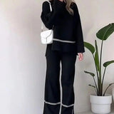 GETADME Casual Women Set Spring Summer Fashion Long Sleeve O-Neck Loose Suit Female Vintage Pocket Top Long Wide Leg Pants 2 Pcs Outfit