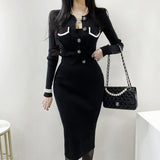 GETADME Chic France Vintage Women Knitted 2 Piece Set Fall Winter Solid Diamonds Button Cardigan Sweater + High Waist Bodycon Midi Skirt