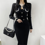 GETADME Chic France Vintage Women Knitted 2 Piece Set Fall Winter Solid Diamonds Button Cardigan Sweater + High Waist Bodycon Midi Skirt