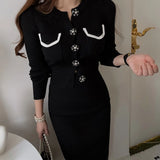 GETADME Chic France Vintage Women Knitted 2 Piece Set Fall Winter Solid Diamonds Button Cardigan Sweater + High Waist Bodycon Midi Skirt