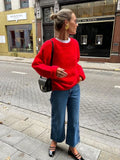 GETADME Chic Red O-neck Pullover Sweater For Women Elegant Long Sleeves Casual Loose Knitted Tops 2024 Autumn Lady New Fashion Jumpers