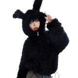 GETADME Cute Sweet Imitation Bunny Hair Zipper Sweatshirt Korean Fashion Rabbit Ears Hooded Coats Women Oversize Lamb Hair Short Jackets