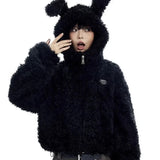 GETADME Cute Sweet Imitation Bunny Hair Zipper Sweatshirt Korean Fashion Rabbit Ears Hooded Coats Women Oversize Lamb Hair Short Jackets