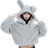 GETADME Cute Sweet Imitation Bunny Hair Zipper Sweatshirt Korean Fashion Rabbit Ears Hooded Coats Women Oversize Lamb Hair Short Jackets