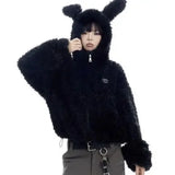 GETADME Cute Sweet Imitation Bunny Hair Zipper Sweatshirt Korean Fashion Rabbit Ears Hooded Coats Women Oversize Lamb Hair Short Jackets