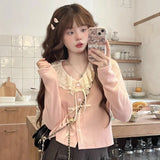 GETADME Kawail Lace Up Knitted Cardigan Sweater Japanese Fashion Women's Aesthetic Knitwear Spring Cute Sweet Preppy Korean