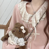 GETADME Kawail Lace Up Knitted Cardigan Sweater Japanese Fashion Women's Aesthetic Knitwear Spring Cute Sweet Preppy Korean