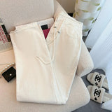 GETADME Design waist drawstring adjustable jeans for women in spring high waist loose slim white wide leg mopping pants