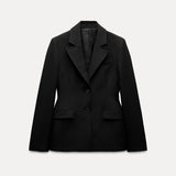 GETADME Elegant Long Blazer Coat Women Single Breasted Black Loose Long Sleeve Shoulder Pads Thicken Suit Jacket Female 2025 Spring Tops