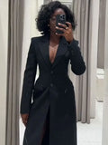 GETADME Elegant Long Blazer Coat Women Single Breasted Black Loose Long Sleeve Shoulder Pads Thicken Suit Jacket Female 2025 Spring Tops