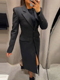 GETADME Elegant Long Blazer Coat Women Single Breasted Black Loose Long Sleeve Shoulder Pads Thicken Suit Jacket Female 2025 Spring Tops