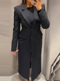 GETADME Elegant Long Blazer Coat Women Single Breasted Black Loose Long Sleeve Shoulder Pads Thicken Suit Jacket Female 2025 Spring Tops