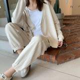 Getadme Faded Effect Casual Sweatshirt And Sweatpant 2 Pieces Set Woman V Neck Loose Basic Cardigan Coat Drawstring Sporty Jogger Pants