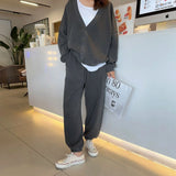 Getadme Faded Effect Casual Sweatshirt And Sweatpant 2 Pieces Set Woman V Neck Loose Basic Cardigan Coat Drawstring Sporty Jogger Pants