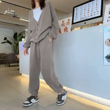 Getadme Faded Effect Casual Sweatshirt And Sweatpant 2 Pieces Set Woman V Neck Loose Basic Cardigan Coat Drawstring Sporty Jogger Pants