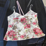 GETADME Fairy Coquette Mesh Sheer Camisole Floral Print Front Tie Up V Neck Crop Tops Kawaii Lace Trim Tank Tops Y2K Boho Holiday Vest