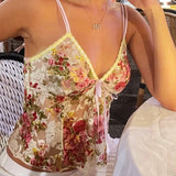 GETADME Fairy Coquette Mesh Sheer Camisole Floral Print Front Tie Up V Neck Crop Tops Kawaii Lace Trim Tank Tops Y2K Boho Holiday Vest