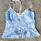 GETADME Fairy Coquette Mesh Sheer Camisole Floral Print Front Tie Up V Neck Crop Tops Kawaii Lace Trim Tank Tops Y2K Boho Holiday Vest