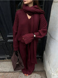 GETADME Fashion Burgundy Red Scarf Collar Sweater Loose Pants Set Women Elegant Casual Jumper Wide Leg Trouser Suit Chic Female Knitwear