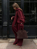 GETADME Fashion Burgundy Red Scarf Collar Sweater Loose Pants Set Women Elegant Casual Jumper Wide Leg Trouser Suit Chic Female Knitwear