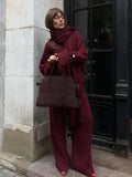 GETADME Fashion Burgundy Red Scarf Collar Sweater Loose Pants Set Women Elegant Casual Jumper Wide Leg Trouser Suit Chic Female Knitwear