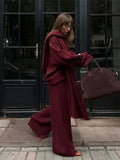 GETADME Fashion Burgundy Red Scarf Collar Sweater Loose Pants Set Women Elegant Casual Jumper Wide Leg Trouser Suit Chic Female Knitwear