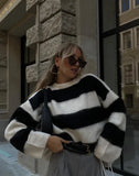 GETADME Fashion Striped Women Knitted Sweater 2024 Spring Casual Long Sleeve O-neck Mohair Pullover Chic Loose All-match Female Knitwear