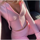 GETADME Fashion Women Ribbed Knit 2 Piece Outfits Long Sleeve Zipper-Up Slim Fit Hooded Crop Top Elastic Long Pants Set Y2K Tracksuits