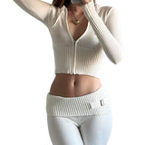 GETADME Fashion Women Ribbed Knit 2 Piece Outfits Long Sleeve Zipper-Up Slim Fit Hooded Crop Top Elastic Long Pants Set Y2K Tracksuits