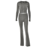 GETADME Fashion Women Ribbed Knit 2 Piece Outfits Long Sleeve Zipper-Up Slim Fit Hooded Crop Top Elastic Long Pants Set Y2K Tracksuits