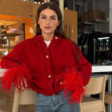 GETADME Feather Knitted Cardigan Women Fashion Patchwork Long Sleeve Single Breasted Female Sweaters 2024 Autumn Loose Lady Knitwears