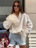 GETADME Feather Knitted Cardigan Women Fashion Patchwork Long Sleeve Single Breasted Female Sweaters 2024 Autumn Loose Lady Knitwears