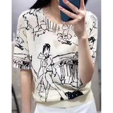 Getadme Fine Imitation Wool Knitted T-Shirt Women's Short-Sleeved Top Graffiti Digital Jacquard Pullover Ladies Sweater 22 Summer Trendy