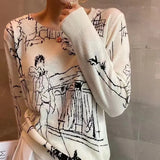 Getadme Fine Imitation Wool Knitted T-Shirt Women's Short-Sleeved Top Graffiti Digital Jacquard Pullover Ladies Sweater 22 Summer Trendy