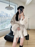 GETADME Fox Fur Sleeve Female Lady Woolen Jackets 2025 Autumn And Winter Celebrity Elegant Double-Sided Lace Up Long Women's Wool Coats