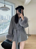 GETADME Fox Fur Sleeve Female Lady Woolen Jackets 2025 Autumn And Winter Celebrity Elegant Double-Sided Lace Up Long Women's Wool Coats