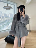 GETADME Fox Fur Sleeve Female Lady Woolen Jackets 2025 Autumn And Winter Celebrity Elegant Double-Sided Lace Up Long Women's Wool Coats