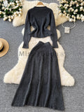 GETADME French Elegant Retro Knitted Two Piece Set Women Casual Sweater + High Waist Long Skirt Autumn Vintage Solid Slim Suit New 2025